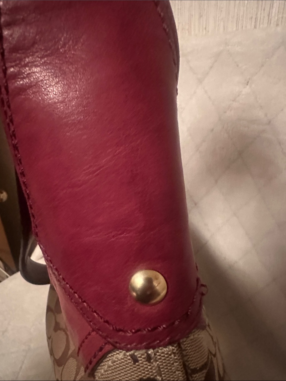Coach Brown Signature Canvas Shoulder Bag with Burgundy Leather Trim - Picture 3 of 15